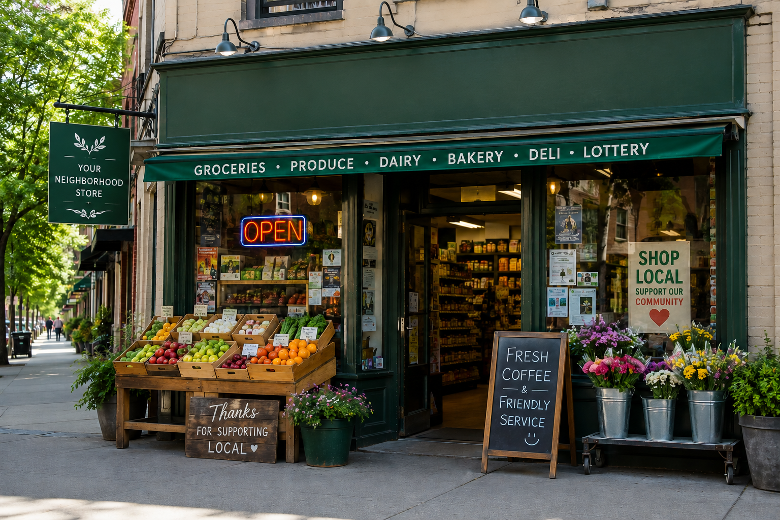 Dev Super Store neighborhood storefront with local service message
